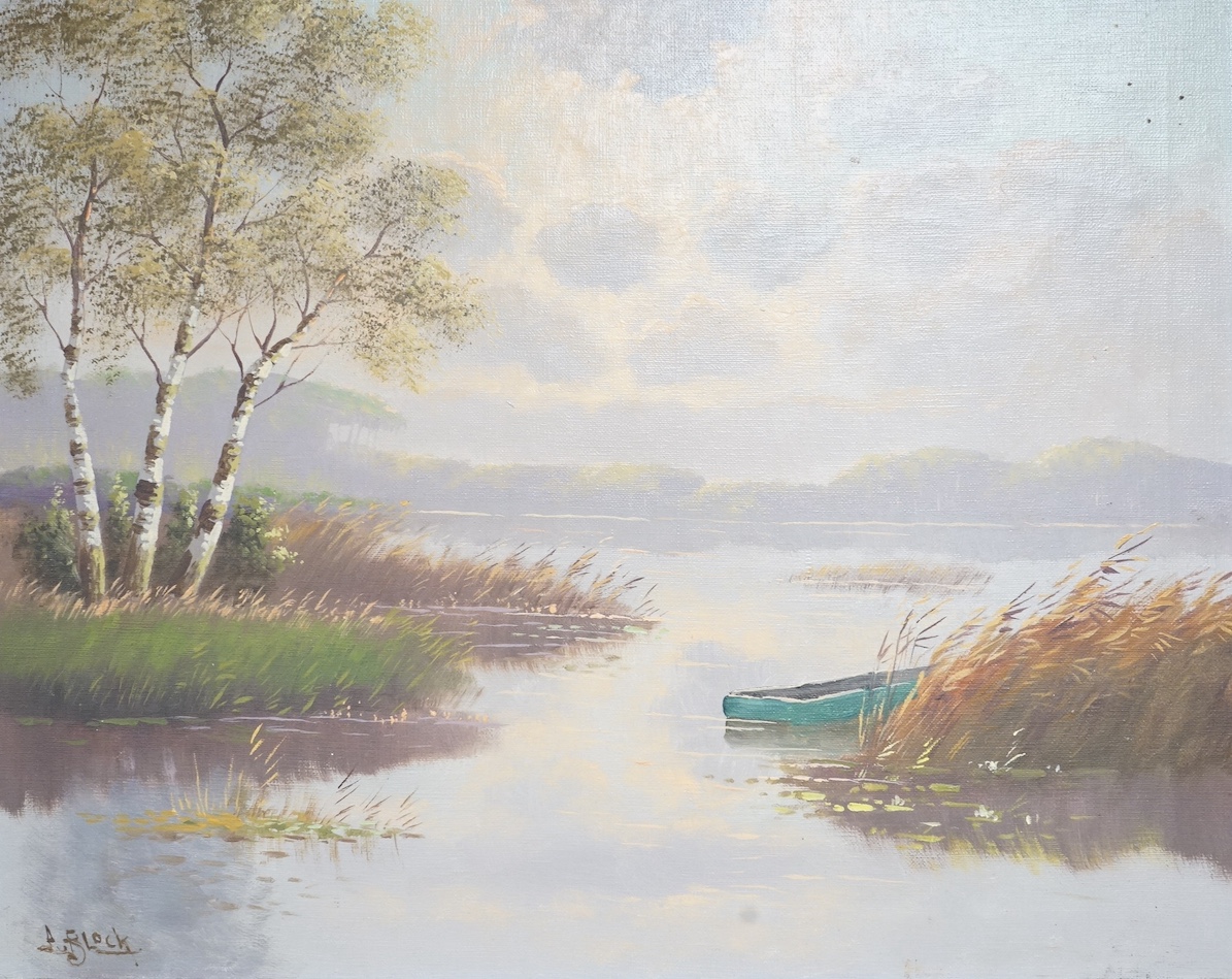 A. Block, oil on canvas, Riverscape, signed, 40 x 50cm, unframed. Condition - fair/good